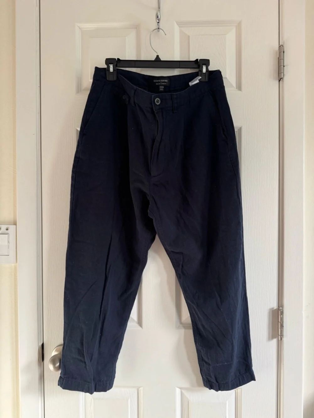 Men's Navy Linen Cotton Blend Casual Pants relaxed Tapered fit spring summer